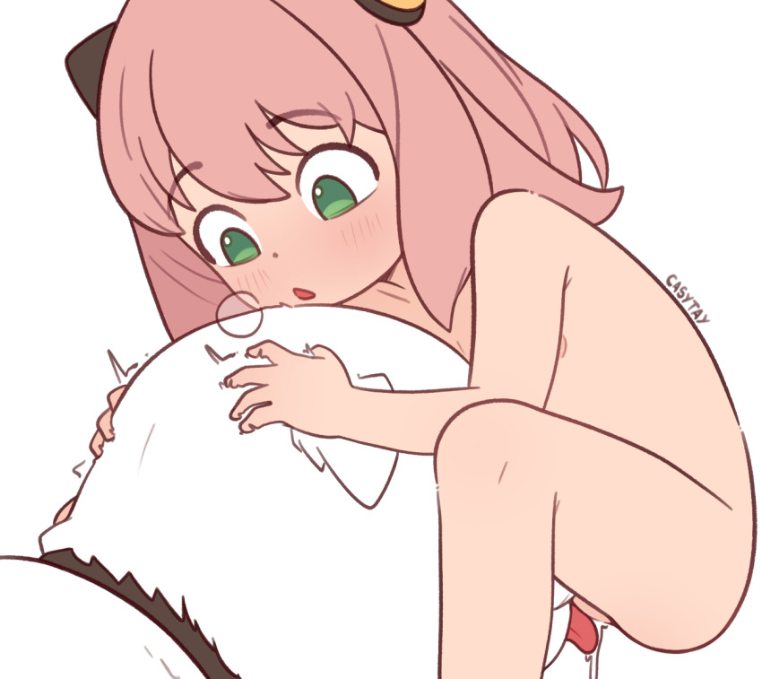 1boy 1girl anya_(spy_x_family) bestiality bond_(spy_x_family) casytay completely_nude cunnilingus dog green_eyes hetero loli nude oral pink_hair simple_background spy_x_family white_background