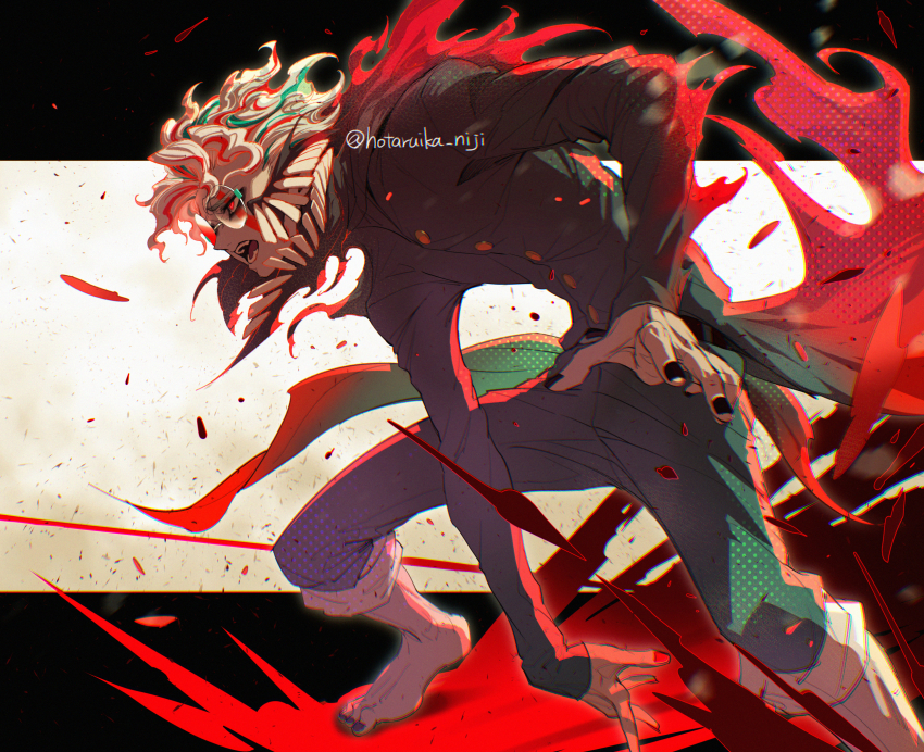 1boy alternate_form barefoot black_jacket black_nails black_pants colored_skin commentary_request dandadan debris facial_mark feet foot_focus gakuran glasses grey_skin highres hotaruika_niji jacket long_sleeves male_focus messy_hair open_mouth pants red_eyes round_eyewear school_uniform solo standing takakura_ken_(dandadan) takakura_ken_(transformed)_(dandadan) torn_clothes transformation twitter_username white_hair