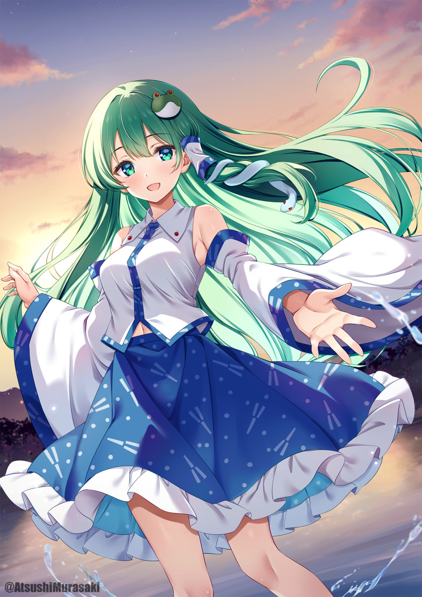 1girl bare_shoulders blue_eyes blush breasts detached_sleeves frog_hair_ornament gohei green_eyes green_hair hair_ornament hair_tubes hat highres kochiya_sanae large_breasts long_hair looking_at_viewer murasaki_atsushi navel open_mouth outdoors outstretched_arm single_hair_tube skirt smile snake snake_hair_ornament solo sunset touhou wading wide_sleeves