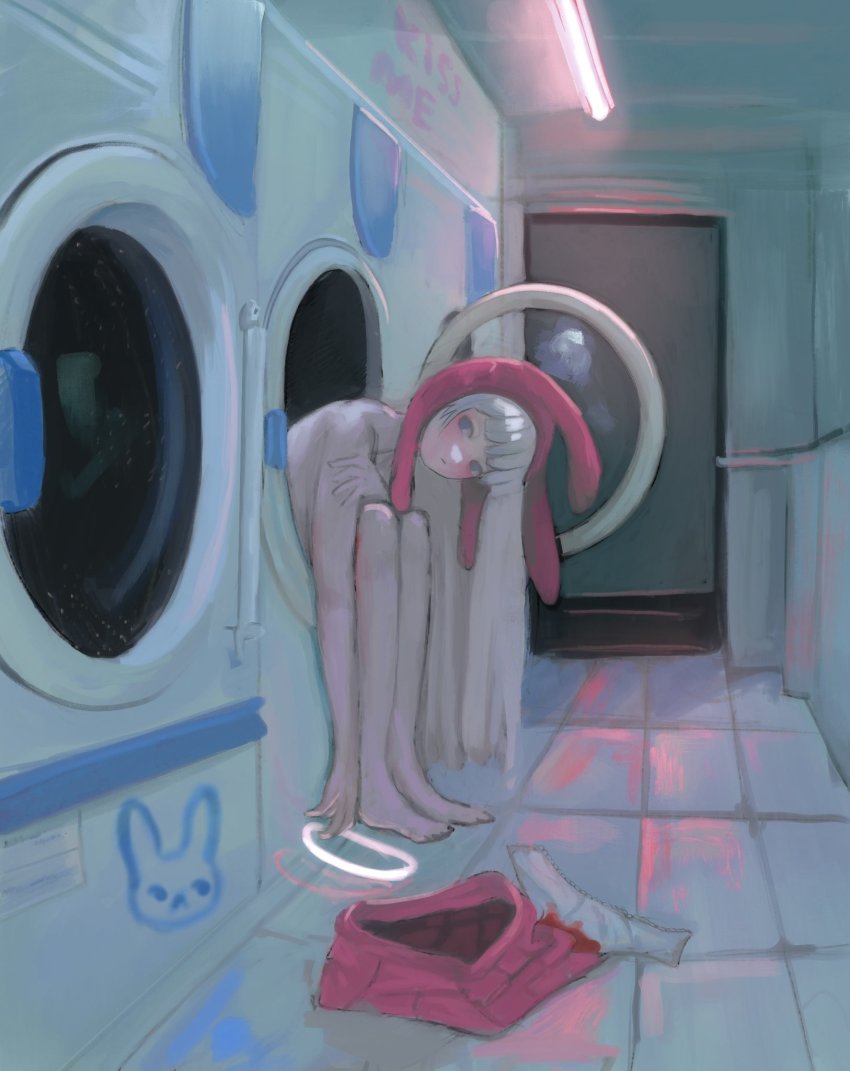 1girl barefoot blood blood_on_clothes blue_eyes female_focus halo halo_removed highres indoors long_hair looking_at_viewer menstruation nude original panties unworn_panties pink_headwear pink_skirt rabbit_ears skirt unworn_skirt solo tara_(combjellie) tile_floor tiles underwear washing_machine white_hair