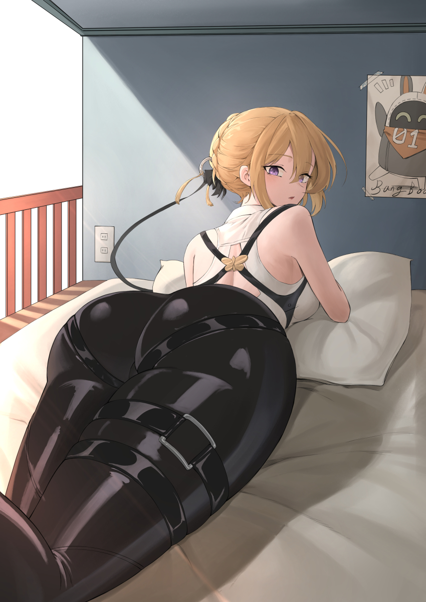 1girl absurdres ass black_pants blonde_hair eous_(zenless_zone_zero) evelyn_chevalier hair_up high-waist_pants highres huge_ass latex latex_pants luya_(luyachan) pants purple_eyes ring_hair_ornament solo tight_clothes tight_pants zenless_zone_zero