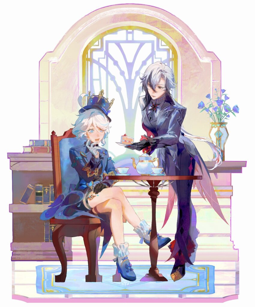 2girls ahoge arlecchino_(genshin_impact) asymmetrical_gloves black_eyes black_footwear black_gloves black_hair black_hands black_pants black_shirt black_shorts black_vest blue_bow blue_eyes blue_flower blue_footwear blue_hair blue_jacket book bookshelf bow breasts cake cake_slice chair claws closed_mouth colored_extremities crossed_legs cup drop-shaped_pupils fingernail_gloves floor flower food footwear_bow formal_clothes fruit full_body furina_(genshin_impact) genshin_impact gloves grey_jacket hair_between_eyes hand_up hat hat_ornament heterochromia high_heels highres holding holding_plate indoors jacket jewelry keibleh kettle lapels leaf long_hair long_sleeves looking_at_another looking_at_object medium_breasts mismatched_gloves mismatched_pupils multicolored_hair multiple_girls open_clothes open_jacket open_mouth pants plate ponytail red_pupils ring shirt shoes short_hair shorts sidelocks sitting socks standing strawberry suit symbol-shaped_pupils table teeth tongue top_hat two-tone_hair vase vest vision_(genshin_impact) white_gloves white_hair white_shirt white_socks window x-shaped_pupils