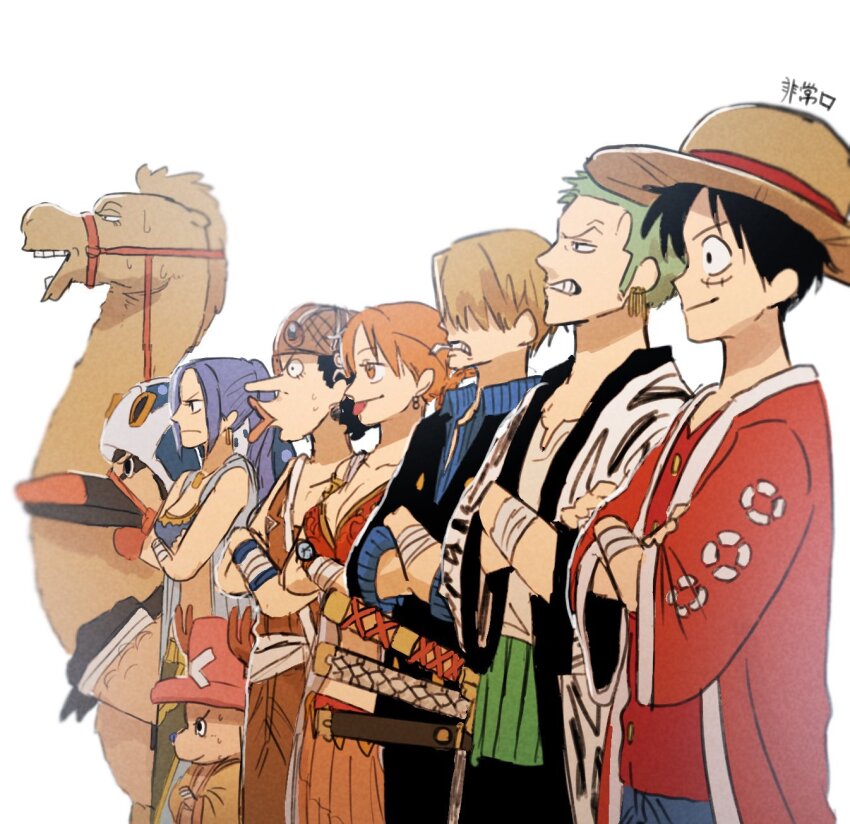 2girls 5boys antlers bandaged_arm bandages bird black_hair blonde_hair blue_hair blue_shirt book_cover_redraw breasts camel cleavage commentary crossed_arms derivative_work duck eyelashes_(one_piece) feichangkou green_hair haramaki hat highres horns karoo_(one_piece) long_nose looking_ahead monkey_d._luffy multiple_boys multiple_girls nami_(one_piece) nami_(one_piece)_(alabasta) nefertari_vivi one_piece orange_hair pink_hat ponytail profile reindeer_antlers roronoa_zoro sanji_(one_piece) scar scar_on_face shirt short_hair simple_background smile straw_hat striped_clothes striped_shirt sword tongue tongue_out tony_tony_chopper usopp vertical-striped_clothes vertical-striped_shirt weapon white_background wristband