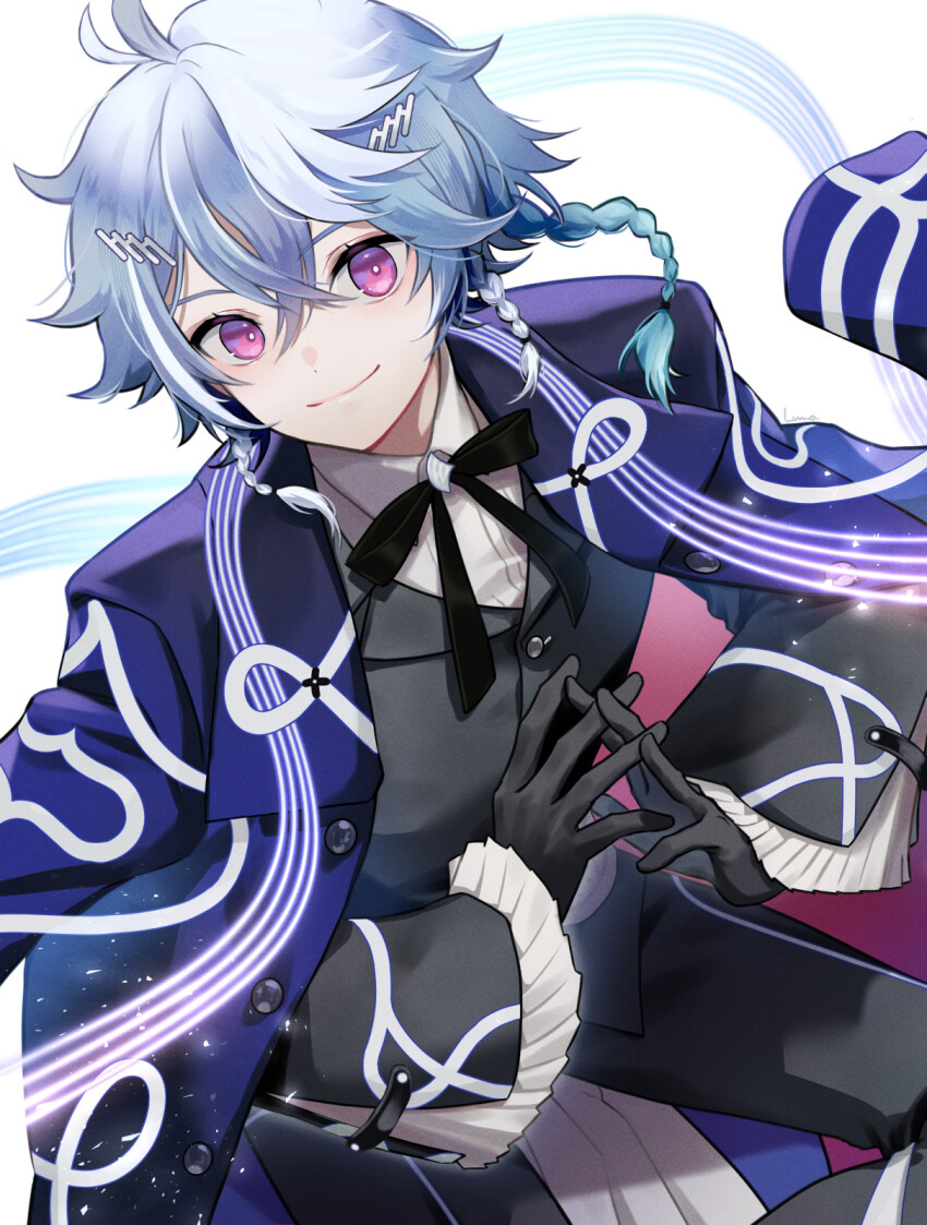 1boy androgynous black_gloves black_jacket black_pants black_ribbon blue_hair blue_jacket braid closed_mouth collared_shirt frilled_sleeves frills gloves hair_between_eyes hair_ornament highres holostars holostars_english jacket long_sleeves looking_at_viewer luma8b multicolored_hair multiple_braids neck_ribbon octavio open_clothes open_jacket own_hands_clasped own_hands_together pants pink_eyes ribbon shirt short_hair smile solo musical_staff tri_braids virtual_youtuber white_background white_hair white_shirt