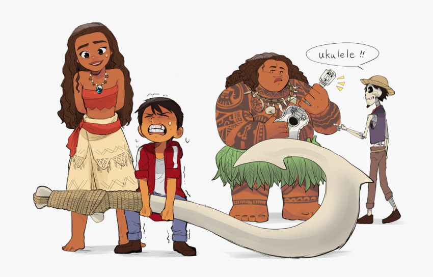1girl 3boys arm_tattoo blue_pants brown_hair brown_pants chest_tattoo closed_eyes coco_(disney) crossover dark-skinned_female dark-skinned_male dark_skin english_text hector_rivera holding holding_instrument holding_ukulele instrument jacket jewelry leaf_skirt leg_tattoo maui_(moana) miguel_rivera moana_(movie) moana_waialiki multiple_boys necklace open_clothes open_jacket pano_(mohayayamai) pants purple_vest red_jacket shirt short_hair simple_background skirt speech_bubble tattoo tattoo_sleeve tribal_tattoo ukulele vest white_background white_shirt white_skirt