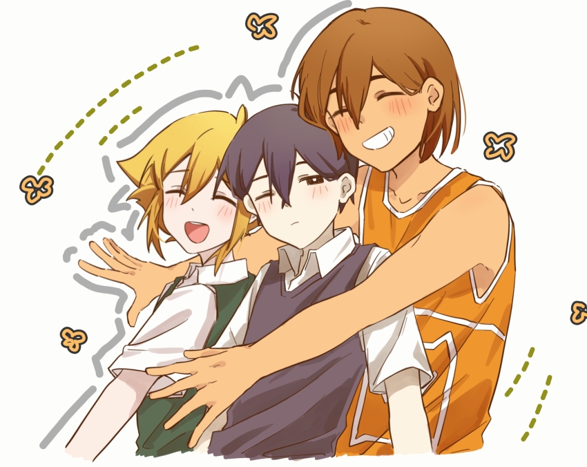 3boys antenna_hair bailan1130 basil_(faraway)_(omori) basil_(omori) black_eyes black_hair black_sweater_vest blonde_hair blush bright_pupils brown_hair closed_eyes closed_mouth collarbone collared_shirt dark-skinned_male dark_skin double-parted_bangs green_sweater_vest grin highres kel_(faraway)_(omori) kel_(omori) male_focus multiple_boys omori one_eye_closed open_mouth parted_lips shirt short_hair short_sleeves smile sunny_(omori) sweater_vest teeth upper_teeth_only white_pupils white_shirt