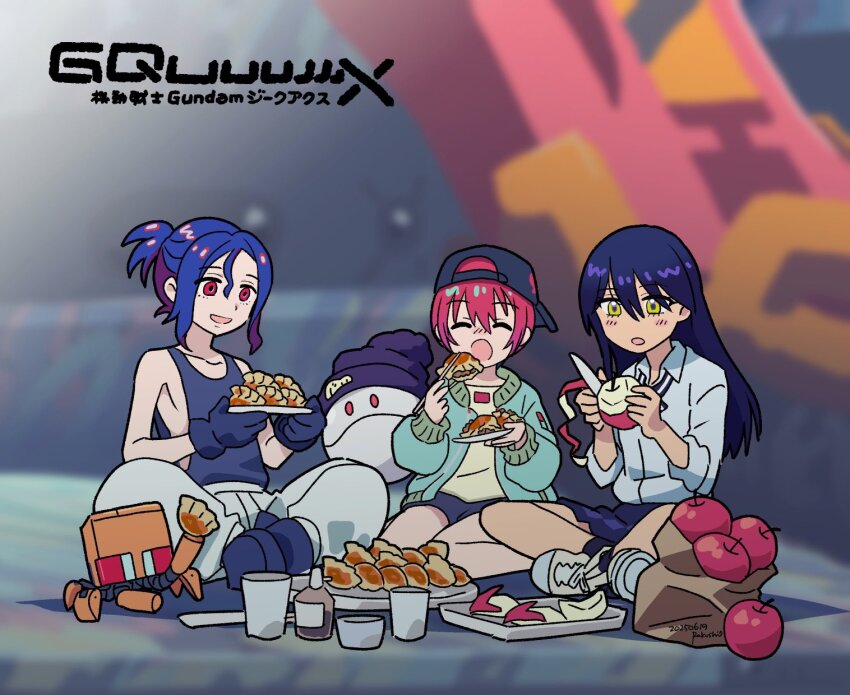1boy 2girls amate_yuzuriha apple beanie blue_hair blush closed_eyes collared_shirt colored_inner_hair commentary_request conch_(gundam) copyright_name cup dumpling eating food fruit gloves gundam gundam_gquuuuuux haro hat highres holding holding_food holding_fruit holding_plate jacket jiaozi long_hair long_sleeves lower_eyelashes_only multicolored_hair multiple_girls non-humanoid_robot nyaan_(gundam_gquuuuuux) ochishima open_mouth pants peeling plate pom_pom_(clothes) pom_pom_beanie ponytail purple_hair purple_hat red_eyes red_hair robot school_uniform shirt short_hair shuji_ito sitting skirt smile two-tone_hair yellow_eyes
