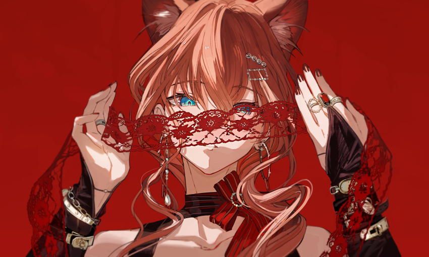 1girl animal_ear_fluff animal_ears arknights black_bridal_gauntlets blue_eyes bridal_gauntlets brown_hair cat_ears close-up collarbone commentary earrings facing_viewer gem hair_between_eyes hair_ornament hairclip heidi_(arknights) highres holding holding_ribbon hoop_earrings jewelry kumatangent lace_ribbon looking_at_object nail_polish parted_lips photo-referenced red_background red_gemstone red_nails red_theme ribbon ring solo unworn_ribbon upper_body