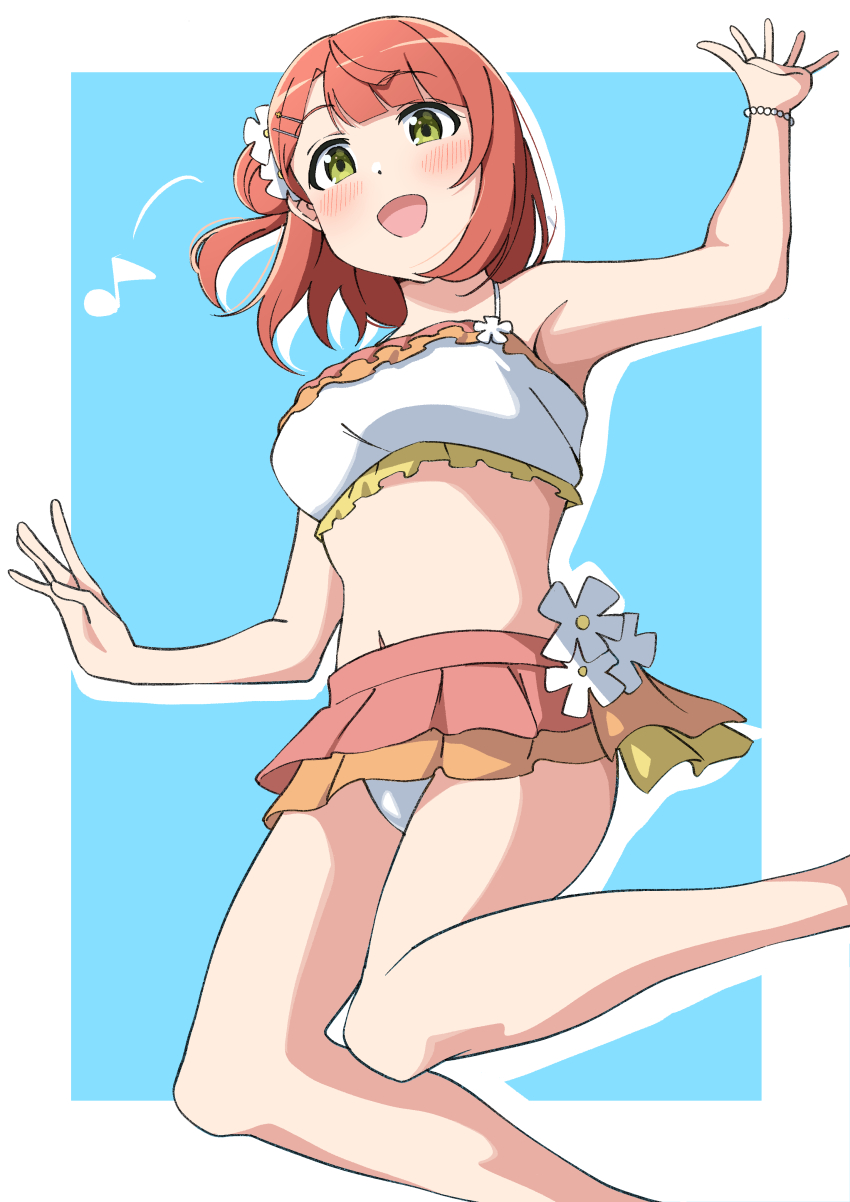 1girl absurdres arm_up armpits bikini bikini_skirt blue_background border breasts commentary eighth_note feet_out_of_frame frilled_bikini frills green_eyes hair_bun highres long_hair love_live! love_live!_nijigasaki_high_school_idol_club love_live!_nijigasaki_high_school_idol_club_the_movie_-_finale medium_breasts musical_note navel official_alternate_costume orange_hair outside_border simple_background single_side_bun solo stomach swimsuit uchuu_no_mozuku uehara_ayumu white_bikini white_border