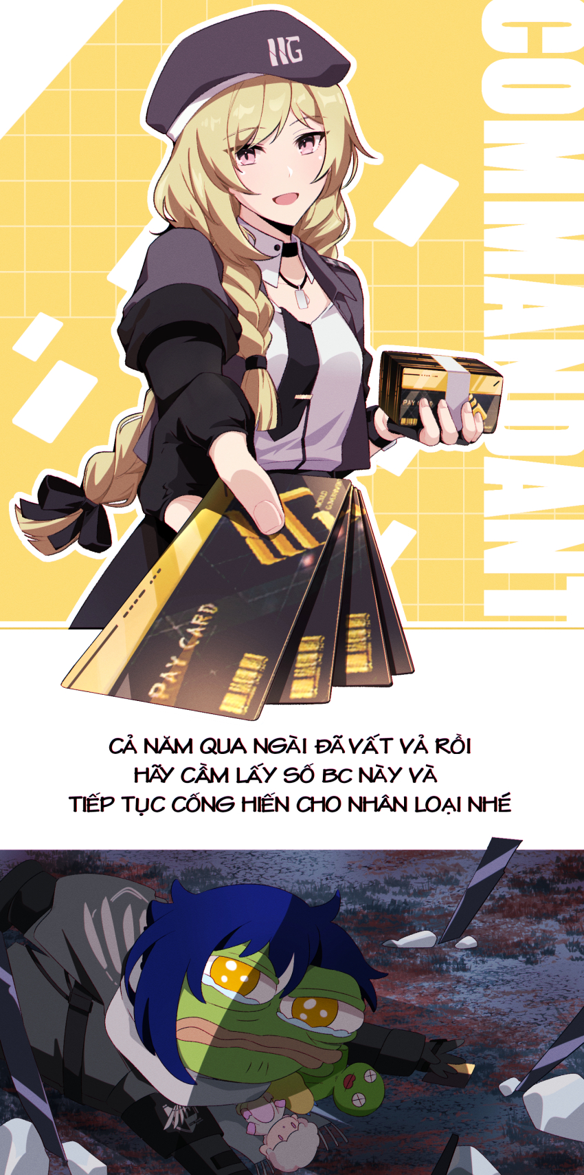 absurdres beret black_choker black_hair black_hat black_jacket blonde_hair braid braided_ponytail braided_sidelock celica_(pgr) character_request choker credit_card crying crying_with_eyes_open dochikun dog_tags garrison_cap hat highres jacket language_request looking_back open_mouth pepe_the_frog punishing:_gray_raven shirt stuffed_toy tears translation_request white_shirt