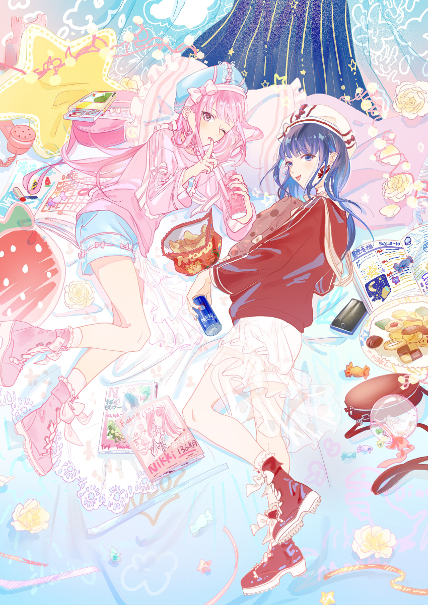 2girls absurdres ankle_socks bag_of_chips beret blue_eyes blue_hat blue_skirt boots bow bow_legwear brown_eyes bubble_tea can candy canteen checkerboard_cookie chinese_commentary commentary_request confeitoo cookie corded_phone cup disposable_cup drink drink_can finger_to_mouth food footwear_bow frilled_skirt frilled_socks frills full_body hat hat_bow highres holding holding_can holding_drink jar lace-up_boots layered_skirt lilith_(shining_nikki) lipstick long_hair long_sleeves looking_at_viewer lying magazine_(object) makeup medium_skirt multiple_girls multiple_hat_bows nikki_(nikki) nikki_(series) on_bed on_side one_eye_closed open_mouth parted_lips phone pillow pink_boots pink_bow pink_hair pink_lips pink_sweater plate pocket purple_hair red_boots red_bow red_ribbon red_sweater ribbon ribbon_earrings see-through_clothes see-through_skirt shining_nikki skirt sleeve_bow smile socks soda_can star_(symbol) sweater very_long_hair white_hat white_skirt white_socks