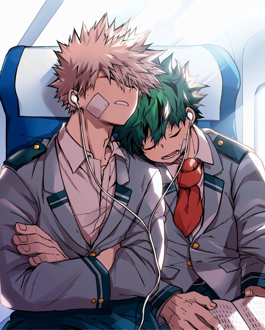 2boys adam&#039;s_apple bakugou_katsuki blonde_hair blue_pants boku_no_hero_academia book chiyaya collared_shirt cowboy_shot crossed_arms dot_nose earbuds earphones fingernails freckles gauze gauze_on_cheek green_hair grey_jacket head_on_another&#039;s_shoulder head_rest highres jacket lapels lower_teeth_only male_focus midoriya_izuku multiple_boys necktie notched_lapels open_book open_collar open_mouth pants parted_lips red_necktie saliva school_uniform shirt short_hair sitting sleeping teeth u.a._school_uniform white_shirt wing_collar