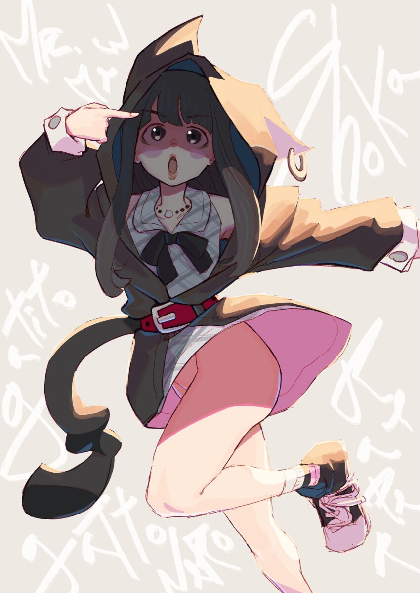 1girl animal_ear_hood belt black_hair black_hoodie commentary english_commentary fake_animal_ears fake_tail grey_eyes highres hood hoodie long_hair no_panties open_mouth red_lips sakurane_shoka shaded_face shin_subarashiki_kono_sekai shoes spaghetto087 subarashiki_kono_sekai tail