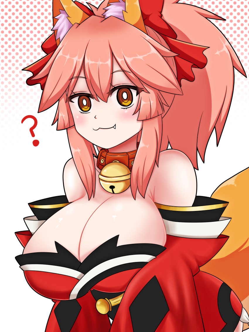 1girl :3 ? absurdres animal_ear_fluff animal_ears bare_shoulders bell blush bow breasts cleavage collar collarbone detached_sleeves fang fate/grand_order fate_(series) fox_ears fox_girl fox_tail hair_between_eyes hair_bow hair_ribbon highres japanese_clothes jingle_bell keita_naruzawa kimono large_breasts long_hair looking_at_viewer neck_bell pink_hair ponytail red_kimono ribbon smile solo tail tamamo_(fate) tamamo_cat_(fate) tamamo_cat_(first_ascension)_(fate) yellow_eyes
