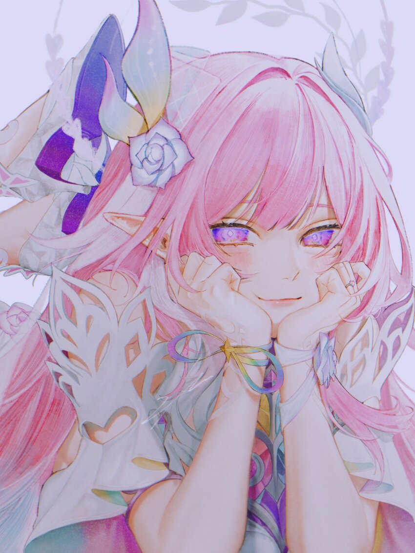 1girl absurdres cyrene_(honkai:_star_rail) cyrene_(ripples_of_past_reverie)_(honkai:_star_rail) diamond-shaped_pupils diamond_(shape) dress flower grey_background hair_flower hair_ornament halo hashtag-only_commentary highres honkai:_star_rail honkai_(series) ieririr long_hair looking_at_viewer multicolored_hair pink_hair purple_eyes smile solo symbol-shaped_pupils two-tone_hair very_long_hair white_dress white_hair