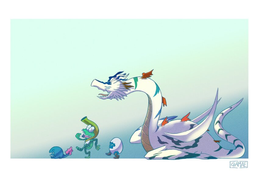 closed_eyes digimon digimon_(creature) digitamamon egg evolutionary_line frog gekomon happy highres otamamon plesiomon plesiosaur tadpole tongue tongue_out