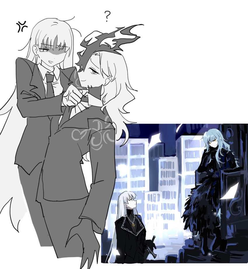 3girls angela_(project_moon) angelica_(project_moon) blue_hair claws collared_shirt commentary_request cowboy_shot elena_(project_moon) formal_clothes highres jacket lapels library_of_ruina long_hair long_sleeves looking_at_viewer multiple_girls notched_lapels pants project_moon rai_(r2718281) shirt sidelocks sitting suit sword throne very_long_hair weapon