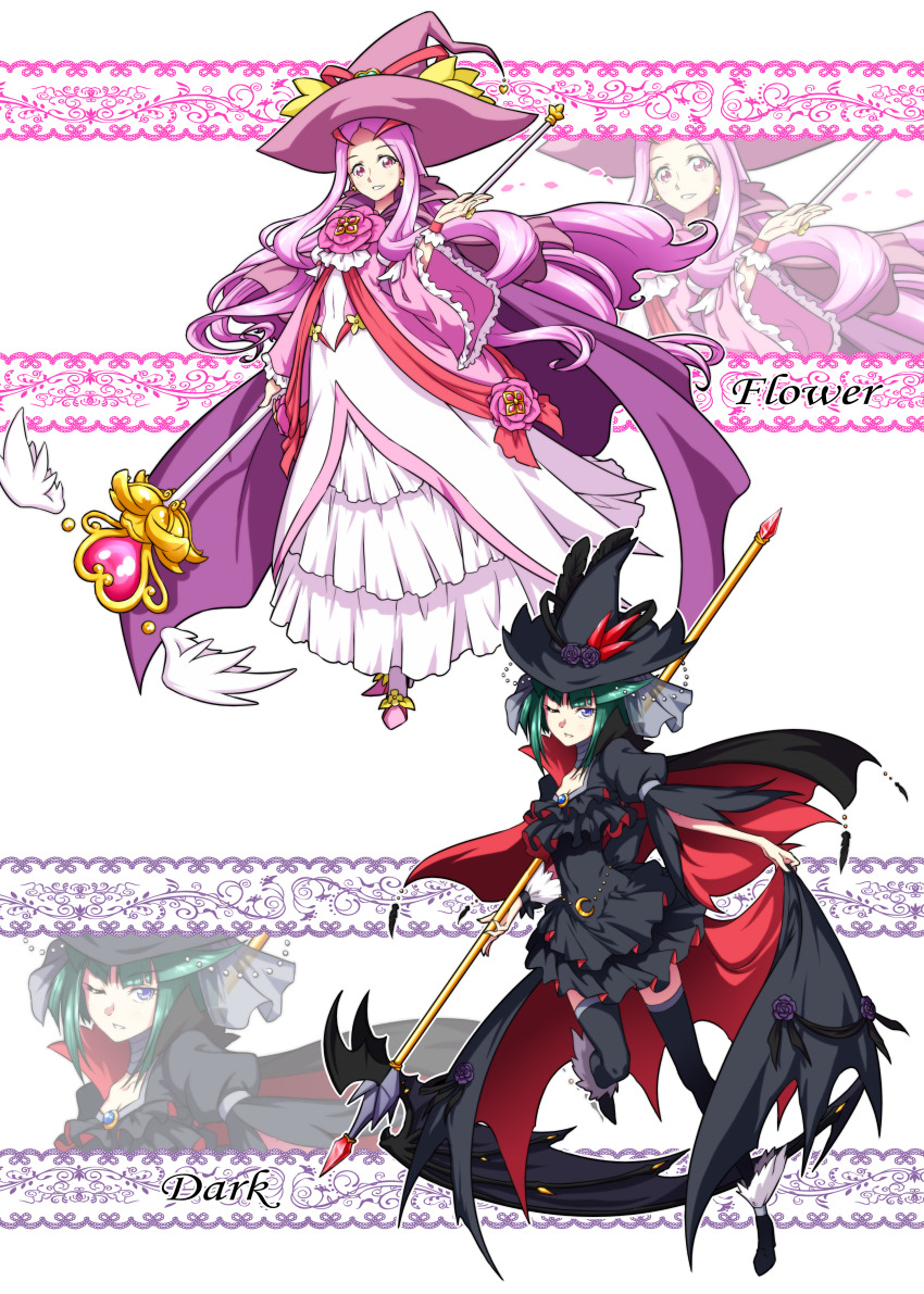 2girls absurdres adapted_costume alternate_costume black_cape black_dress black_thighhighs cape character_name choker commentary_request cure_flower dark_precure dress earrings eyelashes frilled_dress frills green_hair hair_ornament hanasaki_kaoruko happy hat heartcatch_precure! highres holding holding_scythe jewelry large_hat long_hair looking_at_viewer magical_girl mahou_girls_precure! matatabi_(karukan222) multiple_girls one_eye_closed pink_cape pink_eyes pink_hair precure puffy_short_sleeves puffy_sleeves red_cape scythe short_hair short_sleeves smile staff standing thighhighs thighs two-tone_cape witch witch_hat wrist_cuffs