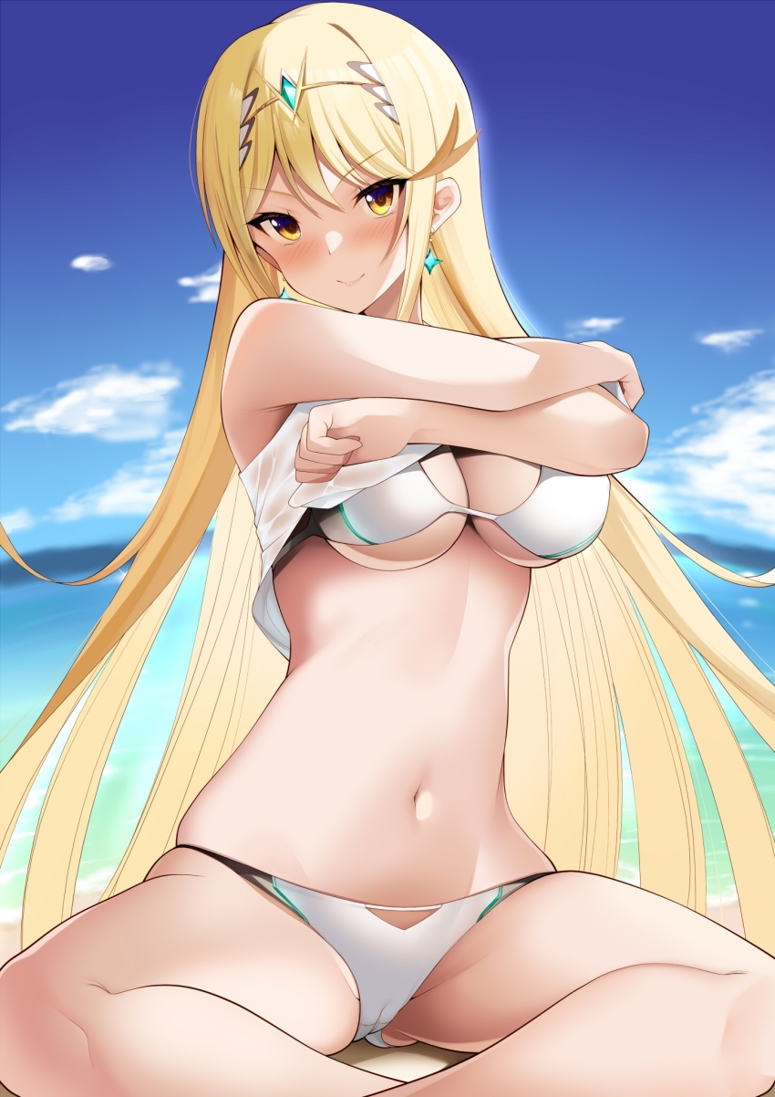 1girl beach bikini blonde_hair blush breasts cleavage daive highres large_breasts long_hair looking_at_viewer mythra_(xenoblade) navel solo swimsuit xenoblade_chronicles_(series) xenoblade_chronicles_2 yellow_eyes