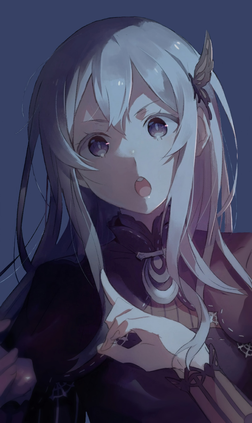 1girl absurdres bad_id bad_twitter_id black_capelet black_dress black_eyes breasts bug butterfly butterfly_hair_ornament capelet colored_eyelashes dress echidna_(re:zero) hair_between_eyes hair_ornament harusabin highres insect long_hair long_sleeves looking_at_viewer medium_breasts monochrome_background open_mouth re:zero_kara_hajimeru_isekai_seikatsu solo striped_clothes striped_dress vertical-striped_clothes vertical-striped_dress white_eyelashes white_hair