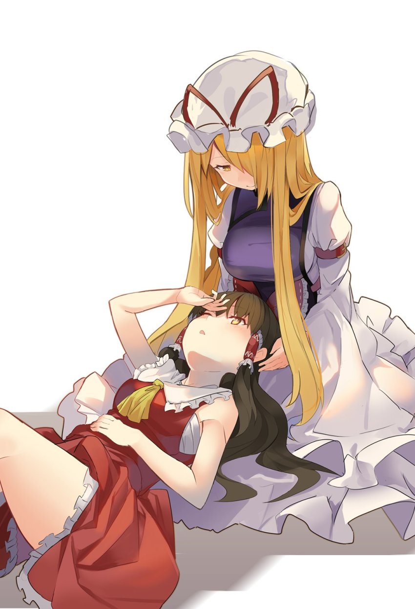 2girls ;o ascot bare_arms bare_shoulders black_hair blonde_hair bow commentary falken_(yutozin) frilled_bow frilled_shirt_collar frills hair_bow hair_over_one_eye hair_tubes hakurei_reimu hand_on_own_stomach hat highres lap_pillow long_hair looking_at_another looking_up mob_cap multiple_girls one_eye_closed open_mouth shirt simple_background sleeveless sleeveless_shirt smile touhou white_background wide_sleeves yakumo_yukari yellow_4 yellow_ascot yellow_eyes yuri