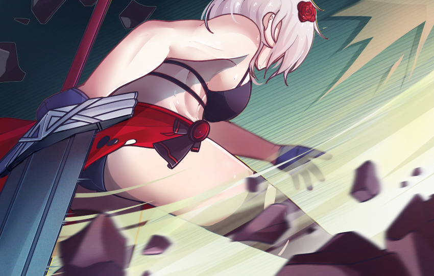 1girl abs aizeis alternate_costume ass asymmetrical_legwear bare_arms bare_legs bare_shoulders bikini breasts chrono_ark fighting_stance gloves hair_ornament highres holding holding_sword holding_weapon lian_(chrono_ark) medium_breasts medium_hair nail_polish non-web_source sandals simple_background swimsuit sword thighhighs weapon white_hair