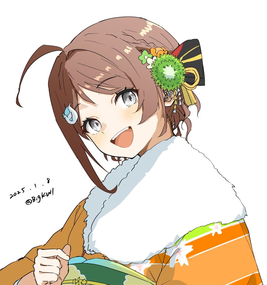 1girl 2025 :d absurdres ahoge artist_name bigkwl blush braid brown_hair chougei_(kancolle) chougei_(new_year)_(kancolle) dated fur-trimmed_kimono fur_trim green_sash grey_eyes hair_ornament highres japanese_clothes kantai_collection kimono looking_at_viewer obi open_mouth orange_kimono sash short_hair simple_background smile solo teeth twitter_username upper_body upper_teeth_only white_background