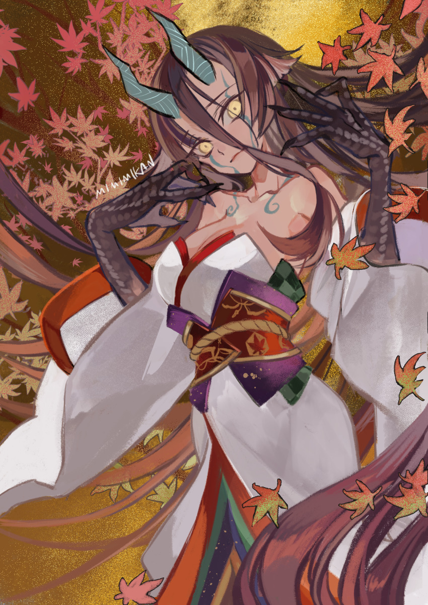 1girl absurdres bare_shoulders breasts brown_hair claws cleavage collarbone detached_sleeves fate/grand_order fate/requiem fate_(series) gradient_hair hair_between_eyes highres horns japanese_clothes kijo_kouyou_(fate) kijo_kouyou_(third_ascension)_(fate) kimono large_breasts leaf long_hair looking_at_viewer maple_leaf mimimikan multicolored_hair orange_hair ponytail rope sash signature sleeveless sleeveless_kimono slit_pupils smile solo very_long_hair white_kimono wide_sleeves yellow_eyes