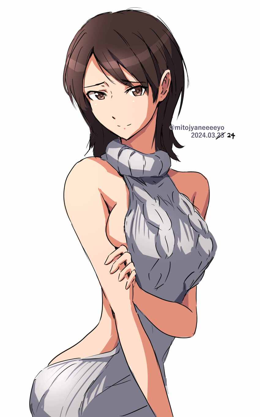 1girl absurdres amagami bare_arms bare_shoulders breasts brown_eyes brown_hair closed_mouth dated highres large_breasts looking_at_viewer meme_attire mitojyaneeeeyo naked_sweater short_hair sideboob simple_background solo sweater takahashi_maya turtleneck turtleneck_sweater virgin_killer_sweater white_background white_sweater