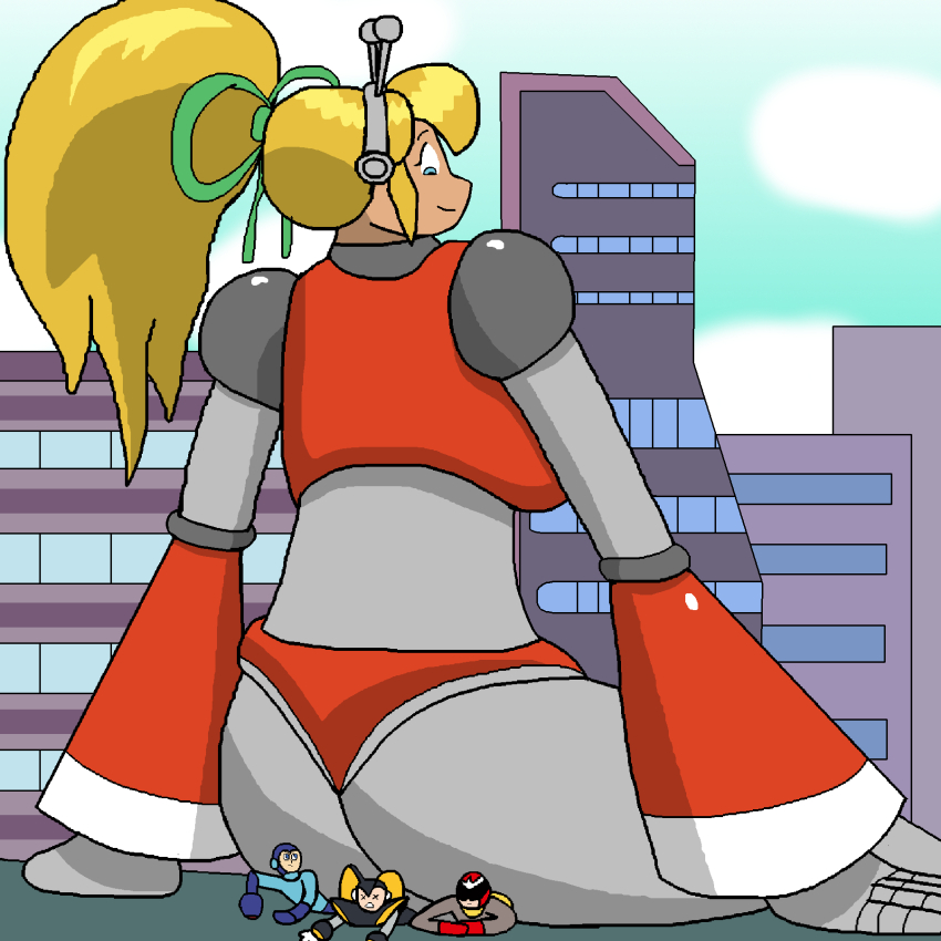 antennae arias87 armor armored_boots armored_gloves arms_up bass_(mega_man) bikini_armor blonde_hair blue_eyes blue_sky boots building cloud cloudy_sky from_behind giant giantess green_ribbon hair_ribbon hairband headphones highres hyper_roll_(marvel_vs._capcom) joints long_hair looking_at_viewer looking_back looking_down marvel_vs._capcom mechanical_arms mechanical_boots mechanical_legs mega_man_(classic) mega_man_(series) ponytail proto_man radio_antenna red_armor ribbon robot robot_girl robot_joints roll_(mega_man) shoulder_armor sidelocks sitting sitting_on_person sky smile