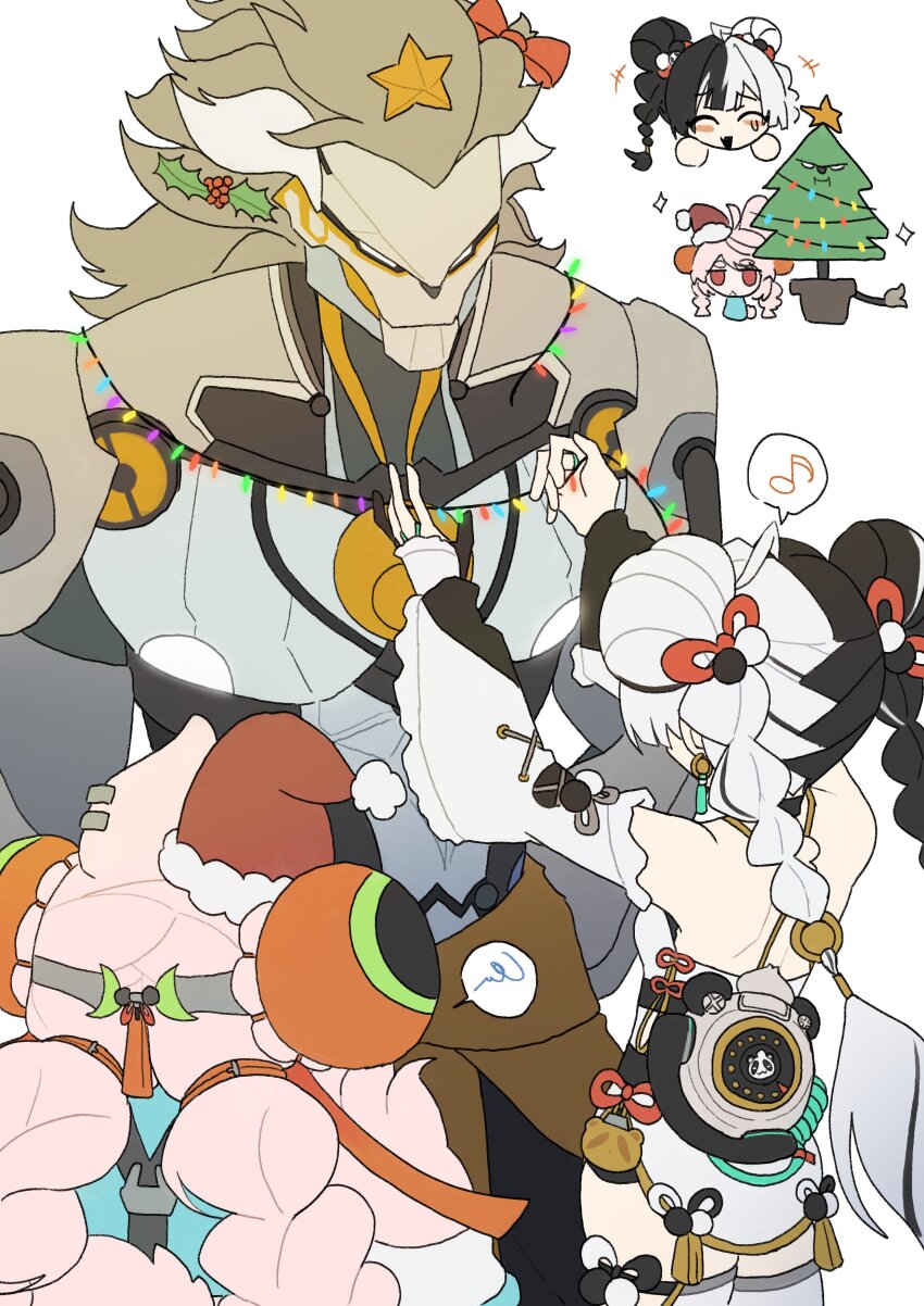 +++ 0d0r0ke 1boy 2girls absurdres ahoge animal_ear_fluff animal_ears antique_phone artificial_eye back banyue_(zenless_zone_zero) bare_shoulders black_hair blush bow braid braided_twintails chibi christmas_lights christmas_tree closed_mouth clothed_robot clothes_around_waist commentary_request corded_phone decorating detached_sleeves dialyn_(zenless_zone_zero) double_bun earrings from_behind furry furry_female green_shirt grey_hair hair_bow hair_bun hair_extensions hair_ornament hat highres holly_hair_ornament humanoid_robot jewelry long_hair looking_at_another mechanical_eye metal_skin multicolored_hair multiple_girls musical_note open_mouth phone pink_fur pink_hair rabbit_ears rabbit_girl red_bow red_eyes ring_hair_extensions robot robot_boy rotary_phone santa_hat shirt simple_background split-color_hair spoken_musical_note spoken_squiggle squiggle star_(symbol) star_hair_ornament thighhighs white_background white_hair white_thighhighs zenless_zone_zero zhao_(zenless_zone_zero)