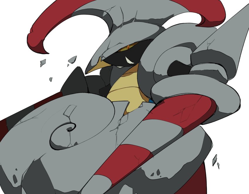colored_sclera crack cracked_shell escavalier from_side gen_5_pokemon highres lance nintendo no_humans orange_eyes plume pokemon pokemon_(creature) polearm sideways_glance solo torori_toro_(oimo_kenpi) weapon white_background yellow_sclera