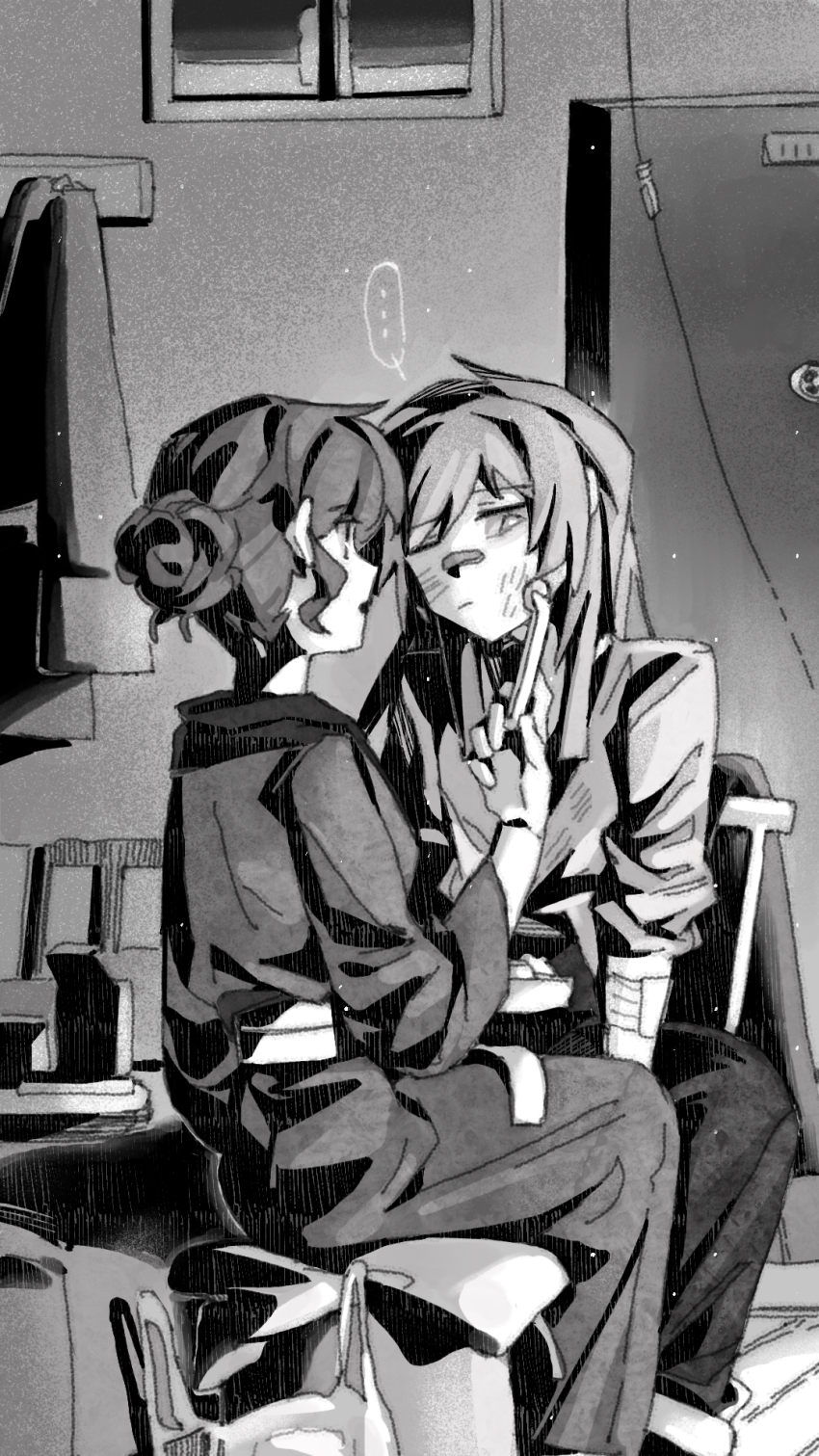 ... 2girls bandaid bandaid_on_face bandaid_on_nose bang_dream! bang_dream!_it&#039;s_mygo!!!!! blush chihaya_anon chinese_commentary commentary_request commission greyscale hair_bun highres holding indoors japanese_clothes kimono lanserongjie long_hair monochrome multiple_girls nagasaki_soyo one_eye_closed open_mouth pants second-party_source sitting sleeves_rolled_up spoken_ellipsis