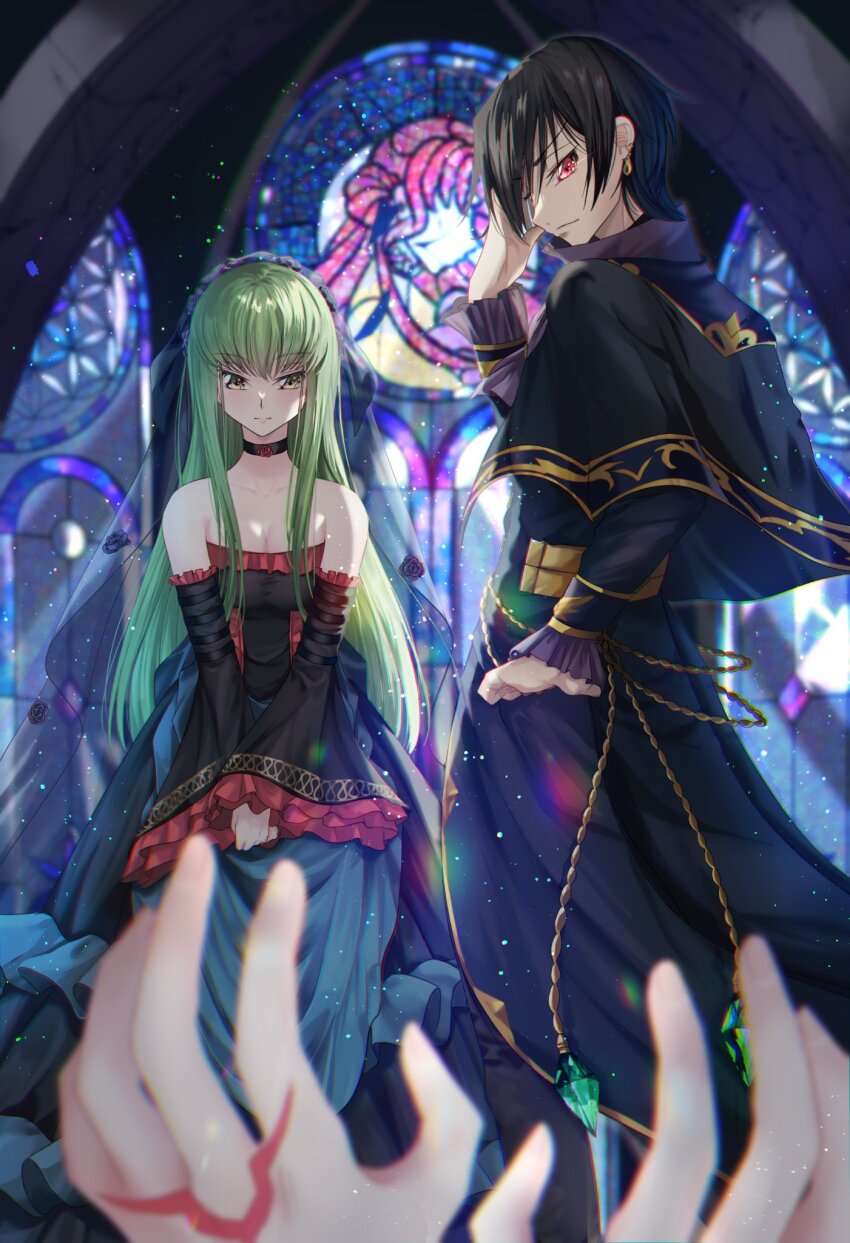 1boy 1girl alternate_costume bare_shoulders black_capelet black_choker black_dress black_hair black_veil blurry breasts budgiepon c.c. capelet choker church cleavage closed_mouth code_geass collarbone commentary_request depth_of_field detached_sleeves dress earrings euphemia_li_britannia feet_out_of_frame flower frilled_sleeves frills geass green_hair hair_between_eyes hand_on_own_hip hand_up hetero highres indoors jewelry lelouch_vi_britannia light_particles long_hair looking_at_viewer looking_back medium_breasts neck_flower nose profile red_eyes red_flower red_rose rose short_hair sidelocks smile split_mouth stained_glass standing straight_hair strapless strapless_dress veil very_long_hair wide_sleeves yellow_eyes