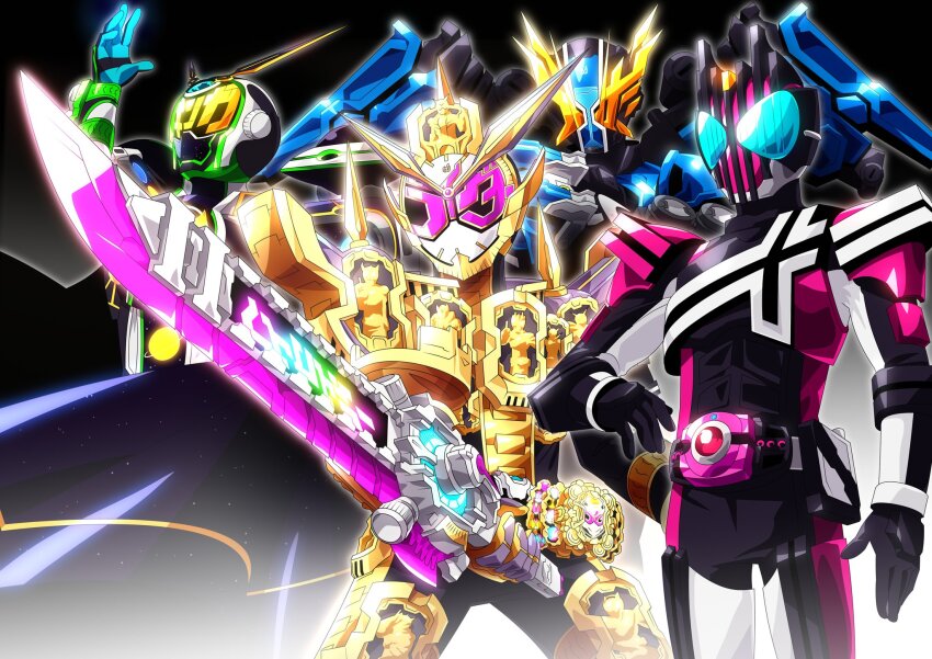 4boys alternate_form another_rider_(zi-o) another_zio_ii armor armored_boots black_background black_bodysuit black_boots black_gloves blue_armor blue_wings bodysuit boots cape clock_hands commentary_request flying full_body geiz_revive geiz_revive_shippu gloves glowing glowing_eyes glowing_weapon gold_trim highres holding holding_polearm holding_sword holding_weapon horns hourglass kamen_rider kamen_rider_dcd kamen_rider_decade kamen_rider_geiz kamen_rider_grand_zi-o kamen_rider_woz kamen_rider_zi-o kamen_rider_zi-o_(series) king knee_up male_focus monster multiple_boys multiple_horns official_alternate_costume otokamu pink_armor polearm revive_ridewatch rider_belt rider_watch saikyo_zikan_girade shoulder_armor solo spear standing sword tokusatsu weapon white_armor wings yellow_eyes yellow_horns zikan_despear zikan_jaclaw zikan_jaclaw_(tsume)