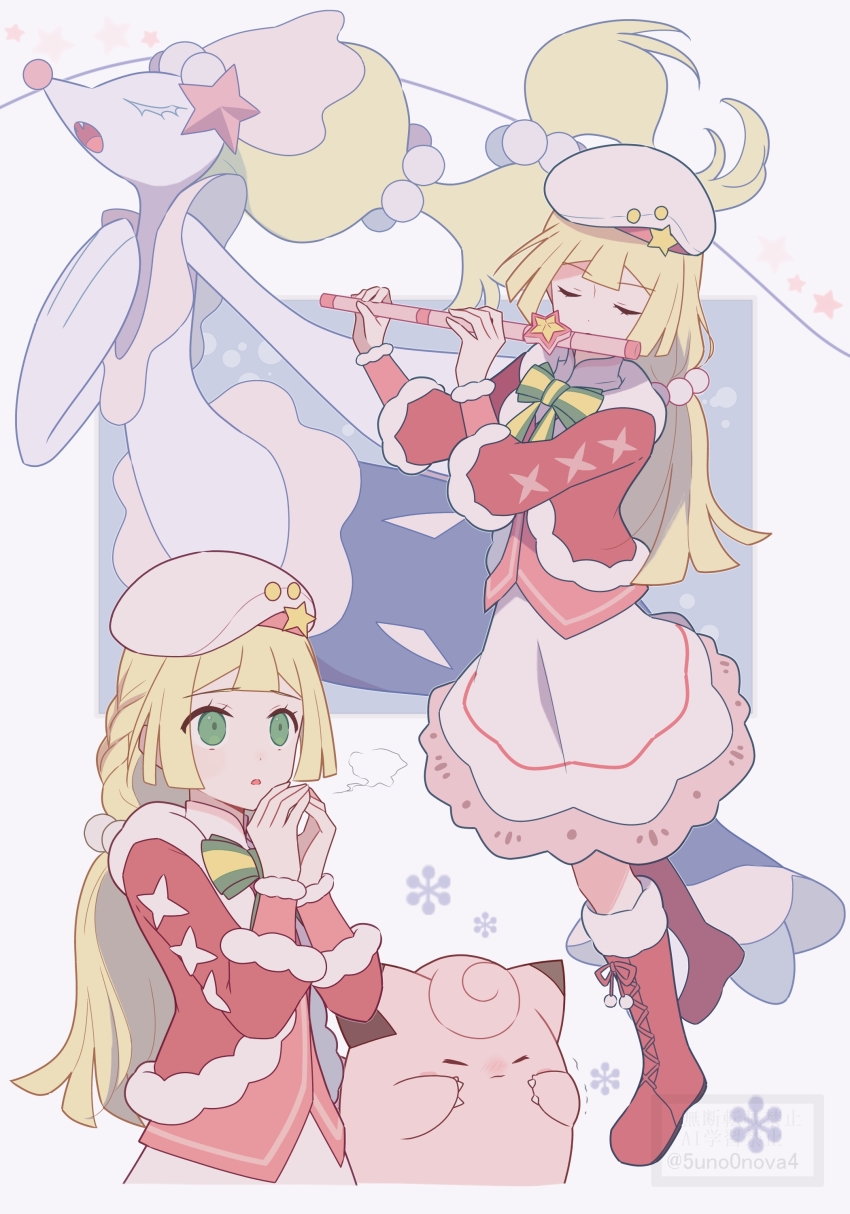 1girl 343rone absurdres blonde_hair blue_background boots bow bowtie capelet clefairy dress fur-trimmed_boots fur-trimmed_capelet fur_trim gen_1_pokemon gen_7_pokemon green_eyes hat highres instrument lillie_(holiday_2024)_(pokemon) lillie_(pokemon) long_hair multicolored_bow multicolored_bowtie music nintendo pink_shirt playing_flute playing_instrument pokemon pokemon_(creature) pokemon_masters_ex primarina red_capelet red_footwear shirt singing snowflake_background star_(symbol) two-tone_background white_background white_dress white_hat