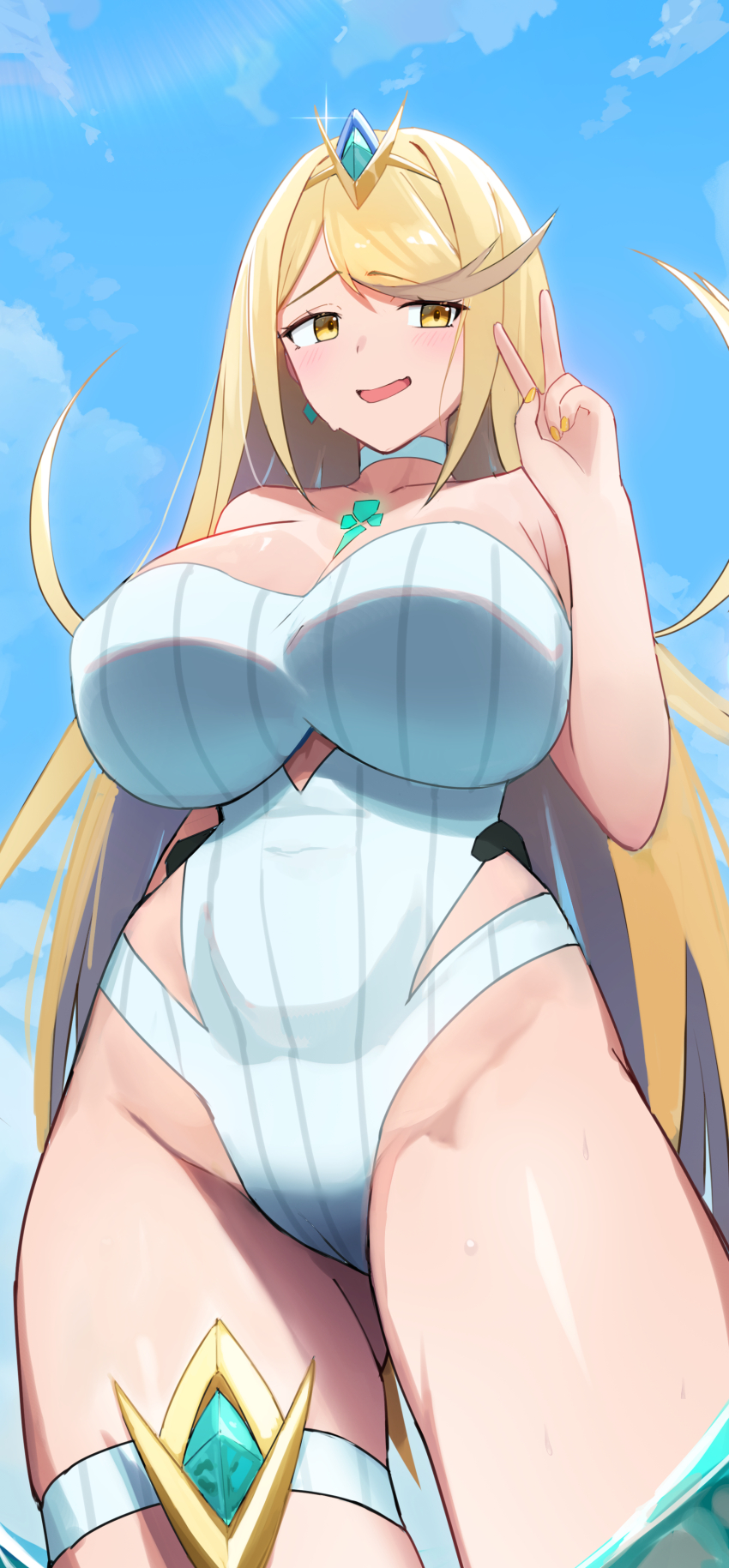 1girl absurdres blonde_hair blue_sky breasts choker cloud cloudy_sky core_crystal_(xenoblade) curvy embarrassed hair_ornament highres large_breasts long_hair looking_to_the_side mythra_(radiant_beach)_(xenoblade) mythra_(xenoblade) one-piece_swimsuit oruru63100814 outdoors sidelocks sky solo swept_bangs swimsuit thigh_strap thighs upper_body v water wet white_choker white_one-piece_swimsuit xenoblade_chronicles_(series) xenoblade_chronicles_2 yellow_eyes