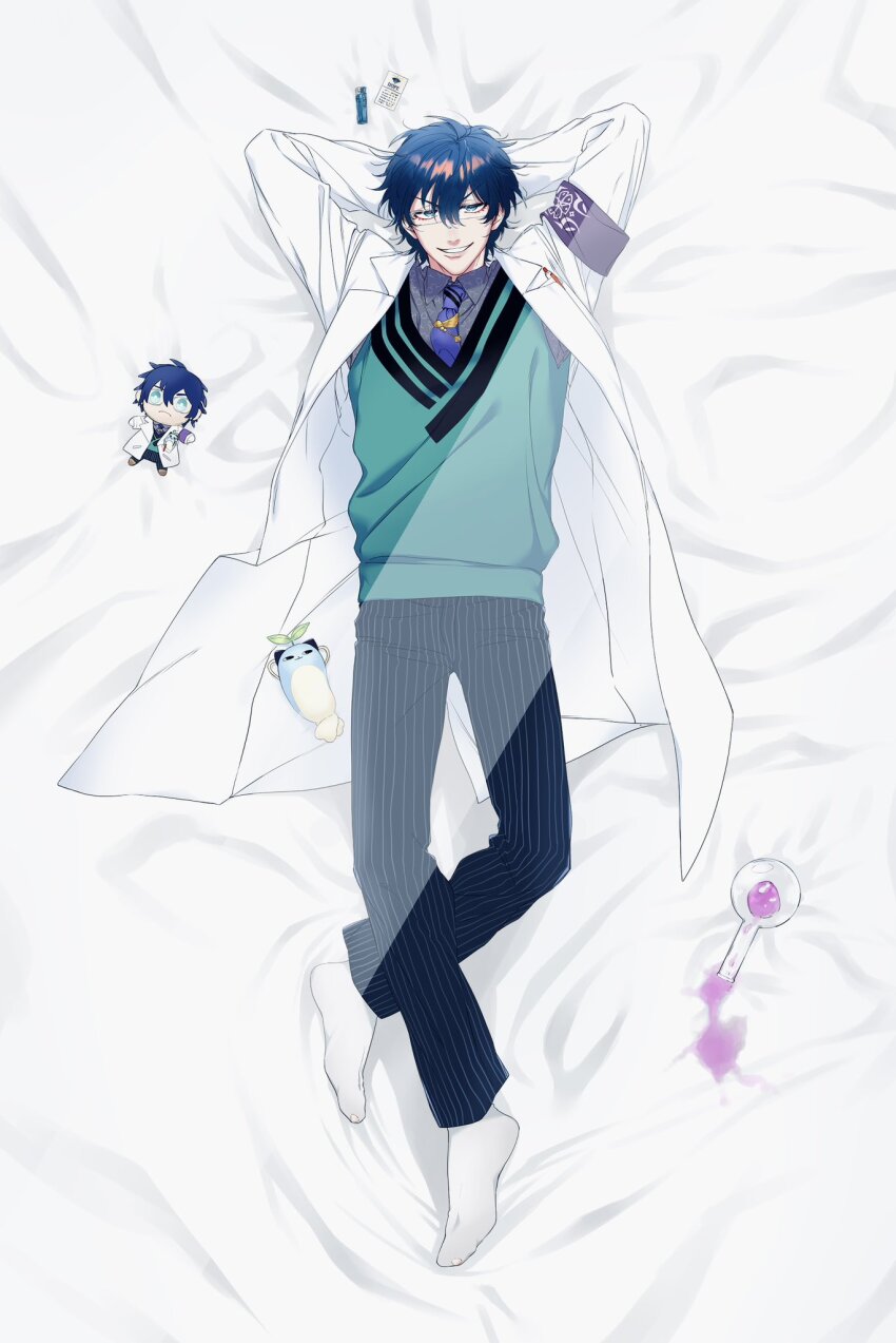 1boy aqua_eyes aqua_sweater_vest arms_behind_head blue_hair blue_necktie blue_pants character_doll coat collared_shirt dakimakura_(medium) doll flask full_body gagake_v glasses grey_shirt hair_between_eyes highres lab_coat leos_vincent leos_vincent_(1st_costume) male_focus mameneko_(leos_vincent) necktie nijisanji object_in_pocket open_clothes open_coat pants pen_in_pocket pocket protected_link round-bottom_flask shirt short_hair socks solo spill tie_clip virtual_youtuber white_coat white_socks