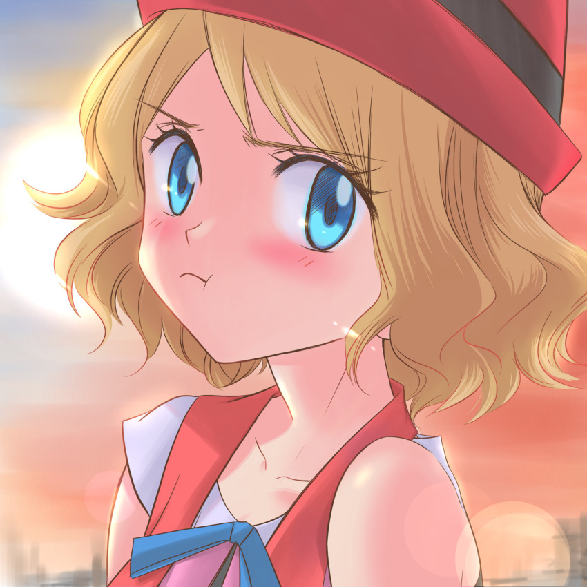 1girl bare_shoulders blonde_hair blue_eyes blue_ribbon blush closed_mouth collarbone commentary_request eyelashes hat highres maskmaya1 neck_ribbon nintendo official_alternate_costume official_alternate_hair_length official_alternate_hairstyle pokemon pokemon_(anime) pokemon_xy_(anime) portrait pout red_hat ribbon serena_(pokemon) short_hair solo