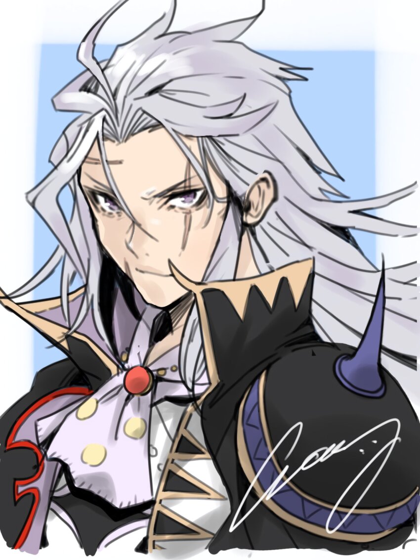 1boy armor ascot black_coat blue_background border coat crazy02oekaki facial_scar final_fantasy final_fantasy_vi furrowed_brow gold_trim grey_eyes grey_hair happy_birthday highres long_hair looking_at_viewer male_focus parted_bangs portrait scar scar_across_eye scar_on_cheek scar_on_face scar_on_forehead setzer_gabbiani shoulder_armor shoulder_spikes signature solo spikes upper_body white_border