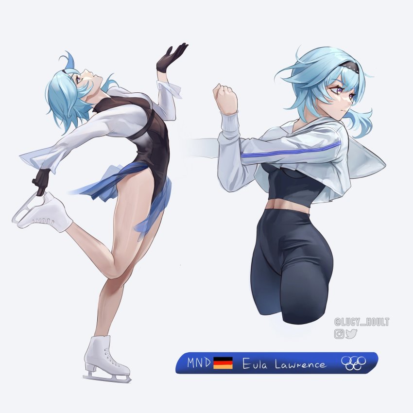 1girl alternate_costume bare_legs black_legwear black_leotard black_shirt blue_hair breasts character_name crop_top cropped_jacket crossed_legs english_text eula_(genshin_impact) figure_skating full_body genshin_impact german_flag highres ice_skates ice_skating instagram_logo jacket legs leotard long_sleeves lu_luu99 midriff olympic_rings olympics pants shirt simple_background skates skating stretching twitter_username underboob undershirt white_background white_jacket yoga_pants