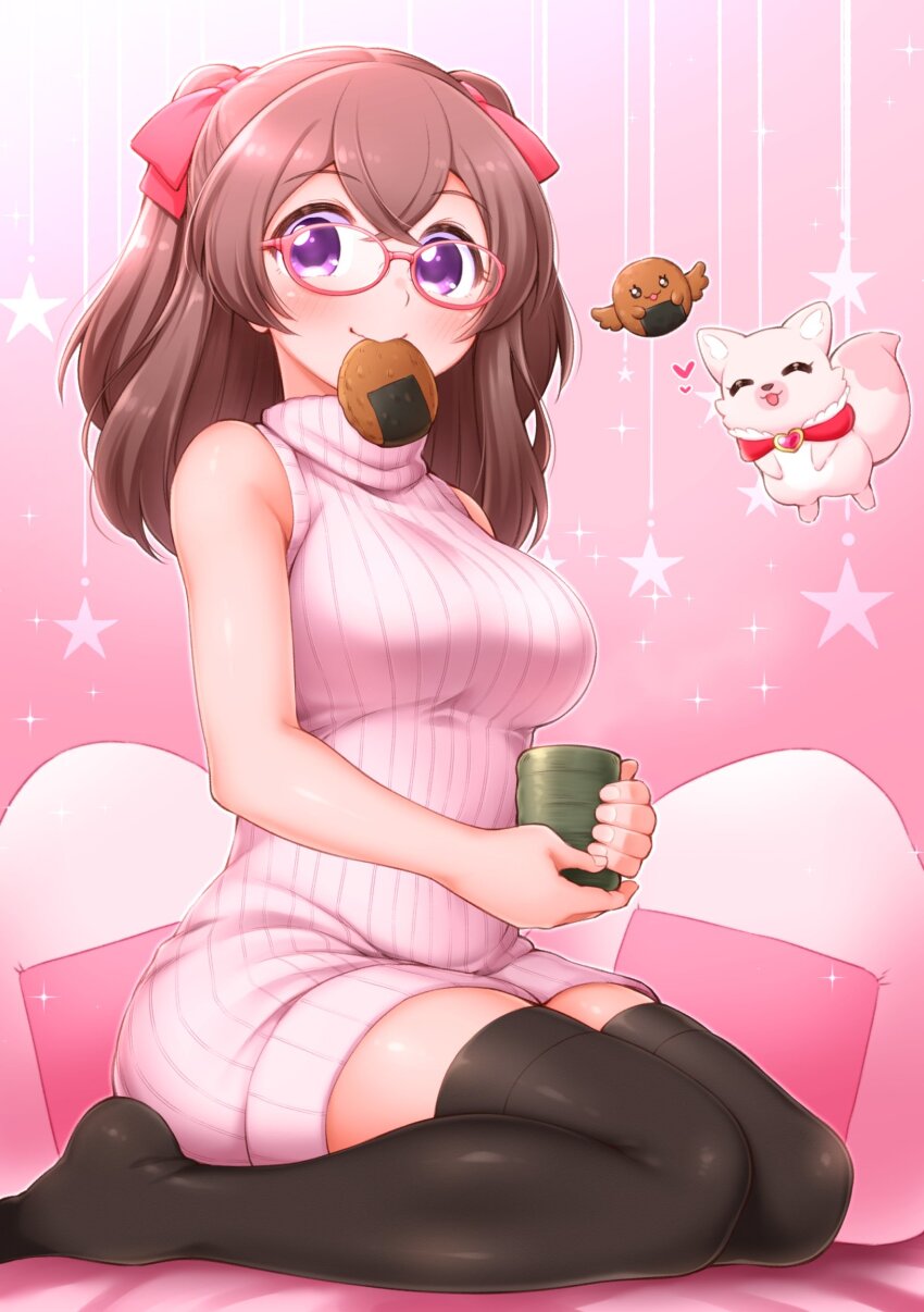 1girl arakawa_tarou bare_shoulders bespectacled black_thighhighs blush bow breasts brown_hair casual commentary_request creature cup delicious_party_precure dress food food_in_mouth glasses hair_bow hair_ribbon highres holding holding_cup kome-kome large_breasts legs long_hair mouth_hold nagomi_yui no_shoes onigiri pink-framed_eyewear pink_background pink_sweater precure purple_eyes recipipi red_bow ribbed_sweater ribbon senbei sitting sleeveless_turtleneck_dress solo sparkle star_(symbol) sweater sweater_dress thighhighs turtleneck two_side_up yunomi zettai_ryouiki