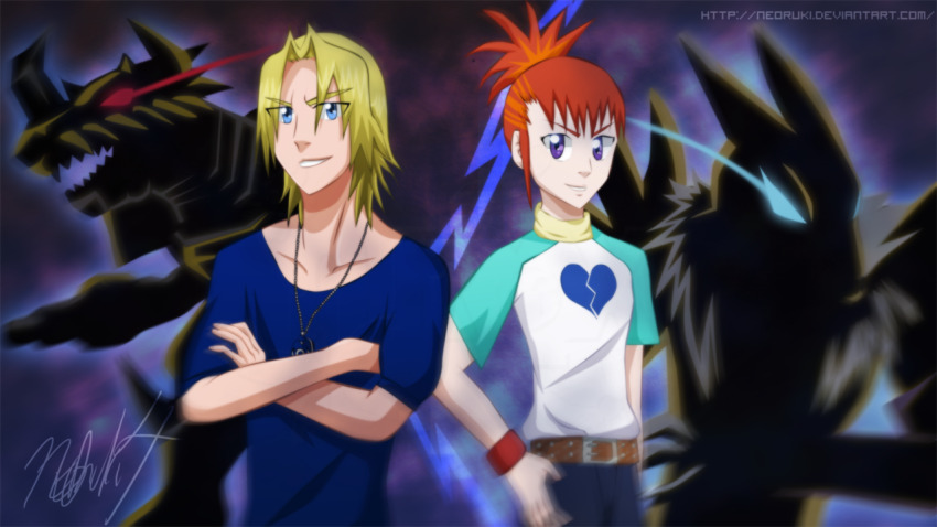 aonuma_kiriha broken_heart collar digimon digimon_(creature) heart looking_at_viewer makino_ruki renamon short_hair smile zekegreymon