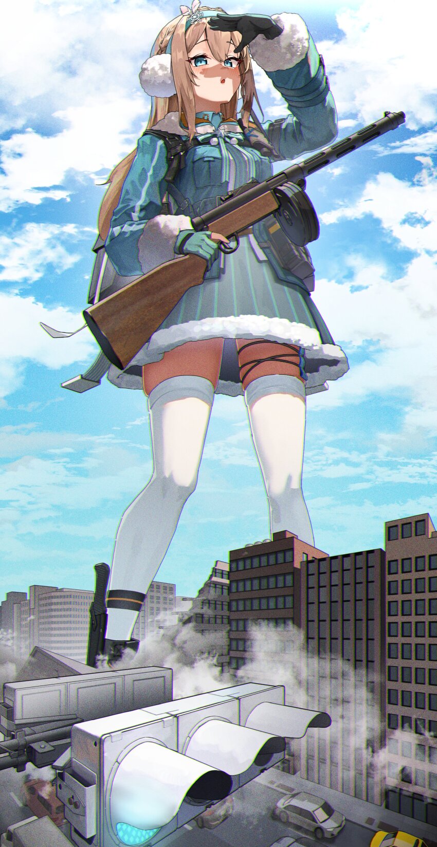 1girl absurdres blonde_hair blue_eyes blue_gloves blue_hairband blue_jacket blue_sky building car city cloud commission drum_magazine earmuffs fur-trimmed_skirt fur_trim giant giantess girls&#039;_frontline girls&#039;_frontline_2:_exilium gloves gun hair_ornament hairband hanabusaraleigh highres holding holding_gun holding_weapon jacket long_hair looking_at_viewer magazine_(weapon) motor_vehicle open_mouth outdoors partially_fingerless_gloves second-party_source skeb_commission skirt sky snowflake_hair_ornament solo striped_clothes striped_skirt submachine_gun suomi_(girls&#039;_frontline) suomi_(girls&#039;_frontline_2) suomi_kp/-31 thighhighs traffic_light vertical-striped_clothes vertical-striped_skirt weapon white_thighhighs