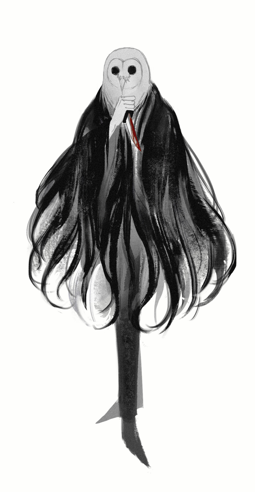 1boy animal_head bird black_cape black_pants black_shoes black_souls black_souls_2 blood bloody_weapon cape dagger full_body highres holding holding_dagger holding_knife holding_weapon knife lorde_(black_souls) owl owl_boy pants shoes simple_background sio2_(whynotkarma) solo weapon white_background