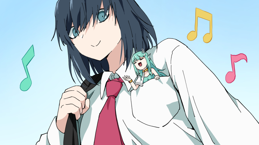 2girls :d aqua_dress aqua_hair beamed_eighth_notes black_hair blue_background blue_eyes closed_eyes closed_mouth collared_shirt commentary_request dress dress_shirt eighth_note fins fortissimo hair_ornament hand_up head_fins highres holding_strap in_pocket long_hair long_sleeves mini_person minigirl multiple_girls musical_note musical_note_hair_ornament necktie open_mouth original pageratta puffy_long_sleeves puffy_sleeves red_necktie shirt smile split_mouth treble_clef upper_body very_long_hair white_shirt