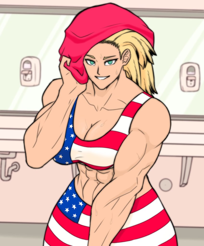 1girl abs american_flag american_flag_print bare_shoulders bathroom blonde_hair boku_no_hero_academia breasts cleavage collarbone flag_print green_eyes hensket highres large_breasts long_hair looking_at_viewer muscular muscular_female smile solo sports_bra star_and_stripe_(boku_no_hero_academia) sweat towel