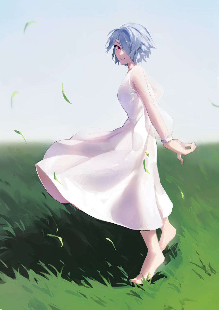 1girl absurdres arms_behind_back barefoot blade_of_grass dress grey_hair hair_over_one_eye highres isabella_(love_live!) looking_at_viewer love_live! love_live!_school_idol_festival on_grass outdoors parted_lips purple_eyes short_hair sky smile solo standing tori_(game28) white_dress wind wind_lift