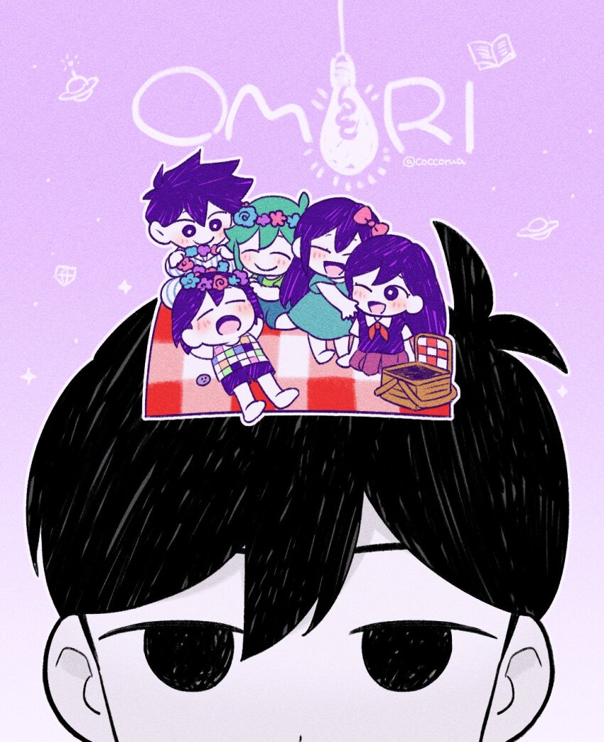 2girls 4boys ;d antenna_hair aqua_dress aubrey_(headspace)_(omori) aubrey_(omori) barefoot basil_(headspace)_(omori) basil_(omori) black_eyes black_hair blue_flower blue_rose blush bow bright_pupils brothers checkered_clothes chibi closed_mouth colored_skin copyright_name double-parted_bangs dress empty_eyes flower flower_wreath green_hair hair_behind_ear hair_between_eyes hair_bow hashtag-only_commentary head_wreath hector_(omori) hero_(headspace)_(omori) hero_(omori) highres kel_(headspace)_(omori) kel_(omori) long_hair looking_at_another looking_at_viewer mari_(headspace)_(omori) mari_(omori) mommorua multiple_boys multiple_girls no_pupils omori omori_(omori) one_eye_closed open_mouth outline pet_rock picnic_basket picnic_blanket pink_bow pink_flower purple_background purple_eyes purple_flower rock rose short_hair short_sleeves siblings simple_background smile tank_top tongue twitter_username white_outline white_pupils white_skin