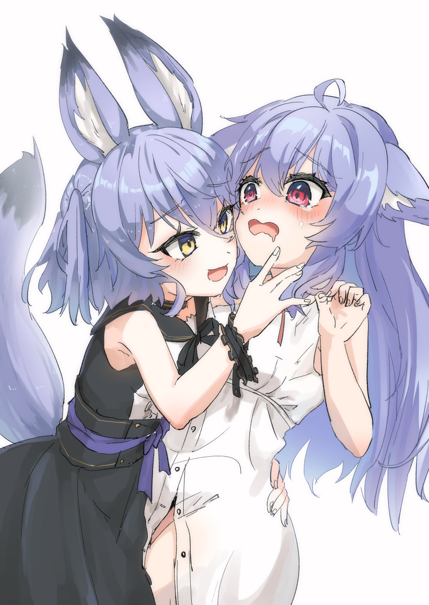 2girls :d absurdres ahoge animal_ear_fluff animal_ears arm_around_waist bare_shoulders black_dress black_skirt blue_hair blush breasts center_frills collared_dress dress drooling ears_down eye_contact face-to-face fang fox_ears fox_girl fox_tail frilled_dress frills hair_between_eyes hand_on_another&#039;s_chin hand_on_another&#039;s_face hand_on_another&#039;s_hip hand_on_another&#039;s_waist highres hmmmmmmburn hug kikyo_(vrchat) large_ears long_hair looking_at_another medium_hair mouth_drool multiple_girls neck_ribbon no_panties open_clothes open_dress open_mouth partially_unbuttoned pink_eyes purple_hair red_eyes ribbon sailor_dress saliva shirt short_dress short_hair simple_background skin_fang skirt sleeveless sleeveless_dress sleeveless_shirt small_breasts smile sundress tail tears unbuttoned vrchat wavy_mouth white_background white_dress white_shirt wolf_ears wolf_girl wrist_cuffs yellow_eyes yuri yuuko-zoku_no_onee-chan